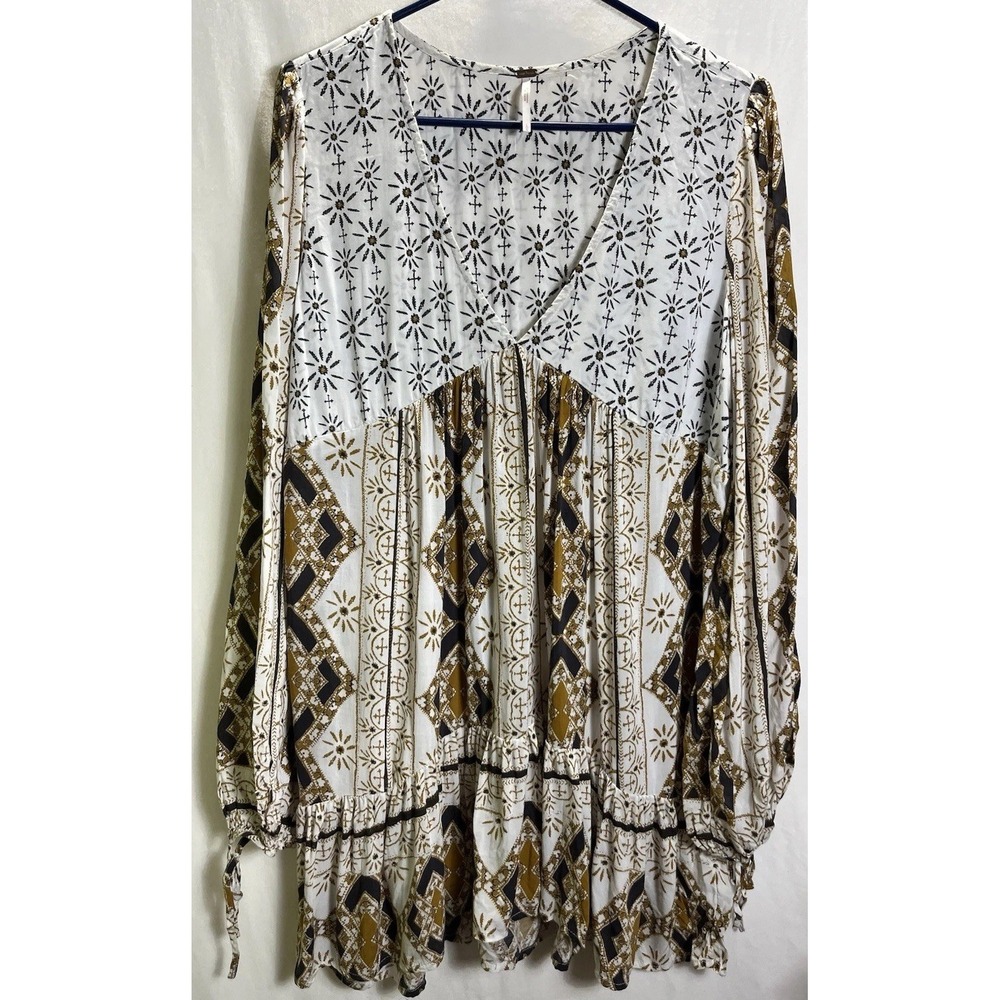 free people Boho Long Sleeve V-Neck Tiered Baby Doll Tunic Dress Mini Women Med